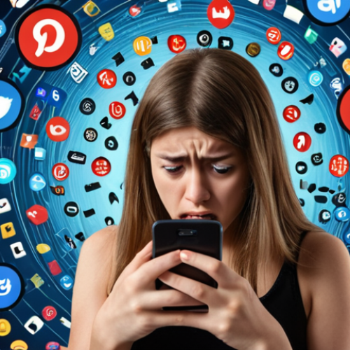 **A person looking anxiously at their phone, surrounded by swirling social media icons, suggesting digital overload and the negative impact of social media on mental health. The background should be blurred and slightly distorted to convey a sense of anxiety.**
