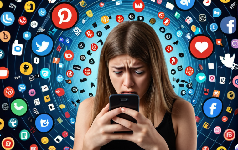 **A person looking anxiously at their phone, surrounded by swirling social media icons, suggesting digital overload and the negative impact of social media on mental health. The background should be blurred and slightly distorted to convey a sense of anxiety.**