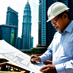 **

A professional architect, fully clothed in modest attire, is reviewing blueprints at a sun-drenched construction site in Kuala Lumpur. The Petronas Towers are visible in the background. Safe for work, appropriate content, perfect anatomy, natural pose, well-formed hands, proper finger count, professional.

**