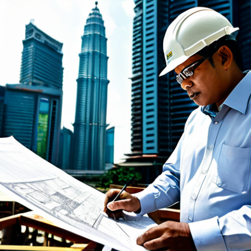 **

A professional architect, fully clothed in modest attire, is reviewing blueprints at a sun-drenched construction site in Kuala Lumpur. The Petronas Towers are visible in the background. Safe for work, appropriate content, perfect anatomy, natural pose, well-formed hands, proper finger count, professional.

**