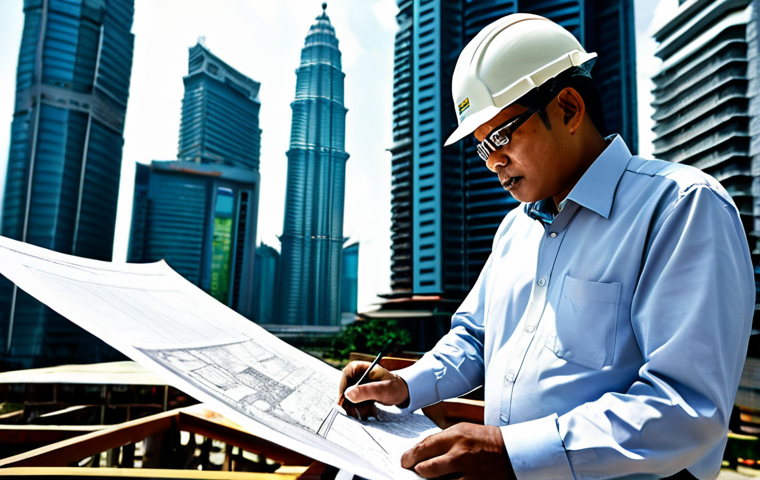 **

A professional architect, fully clothed in modest attire, is reviewing blueprints at a sun-drenched construction site in Kuala Lumpur. The Petronas Towers are visible in the background. Safe for work, appropriate content, perfect anatomy, natural pose, well-formed hands, proper finger count, professional.

**