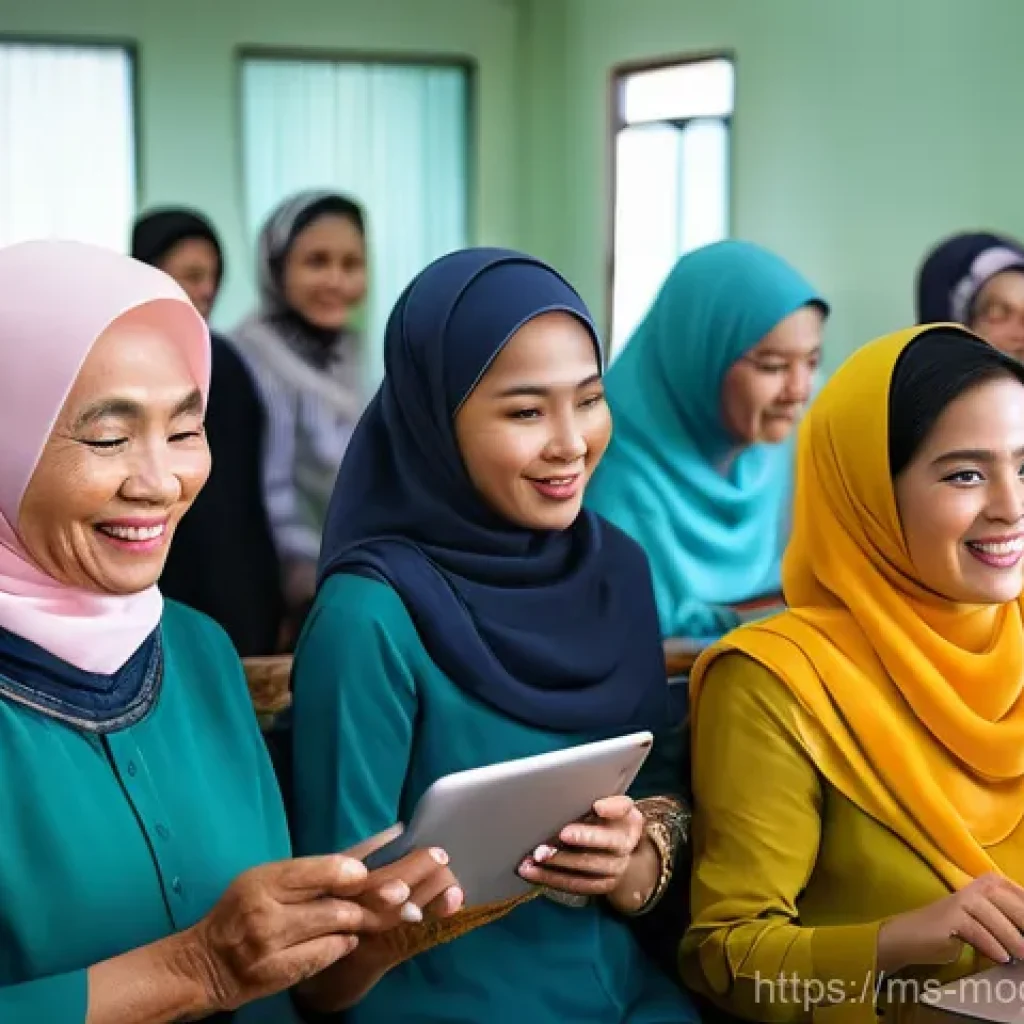 기술과 인간의 상생을 위한 커뮤니티 구축 - A brightly lit, modern community hall in a Malaysian suburb bustles with activity. A diverse group o...