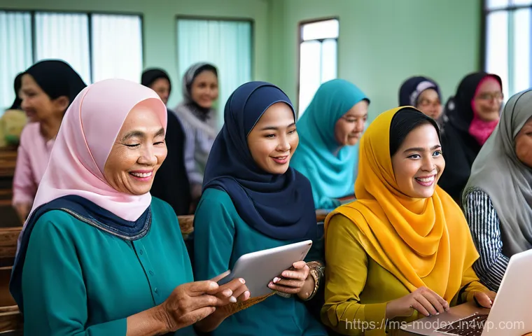 기술과 인간의 상생을 위한 커뮤니티 구축 - A brightly lit, modern community hall in a Malaysian suburb bustles with activity. A diverse group o...