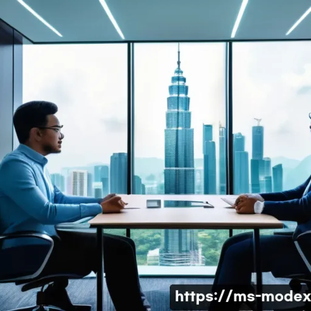 AI와 인간의 윤리적 관계 탐구 - A futuristic office scene in Kuala Lumpur featuring a diverse group of Malaysian professionals colla...