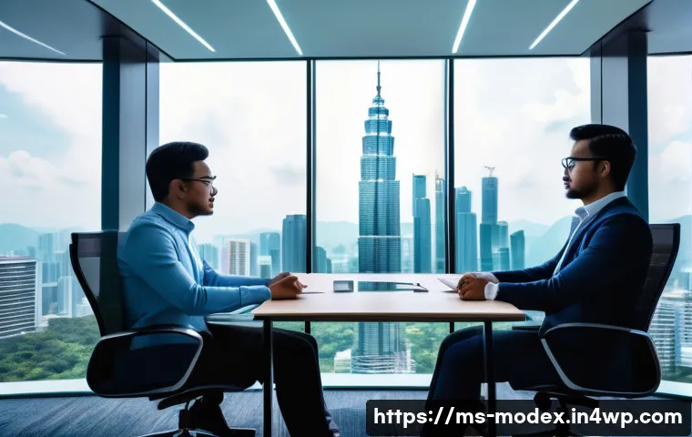 AI와 인간의 윤리적 관계 탐구 - A futuristic office scene in Kuala Lumpur featuring a diverse group of Malaysian professionals colla...