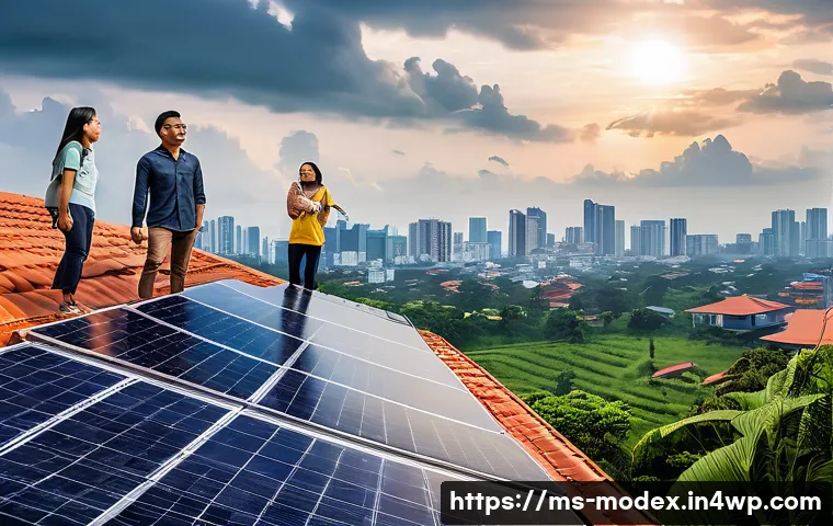 기술과 환경의 윤리적 공존 모델 - A modern Malaysian residential rooftop in Selangor featuring sleek solar panels under a partly cloud...