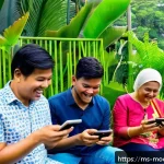 Home 19 인간 기술 공존의 사회적 책임 - A vibrant community gathering in a Malaysian neighborhood park, diverse groups of people using smart...