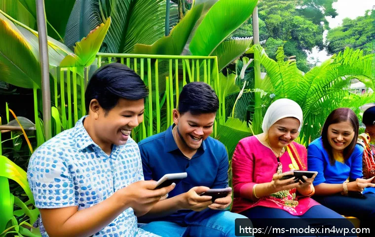 인간 기술 공존의 사회적 책임 - A vibrant community gathering in a Malaysian neighborhood park, diverse groups of people using smart...