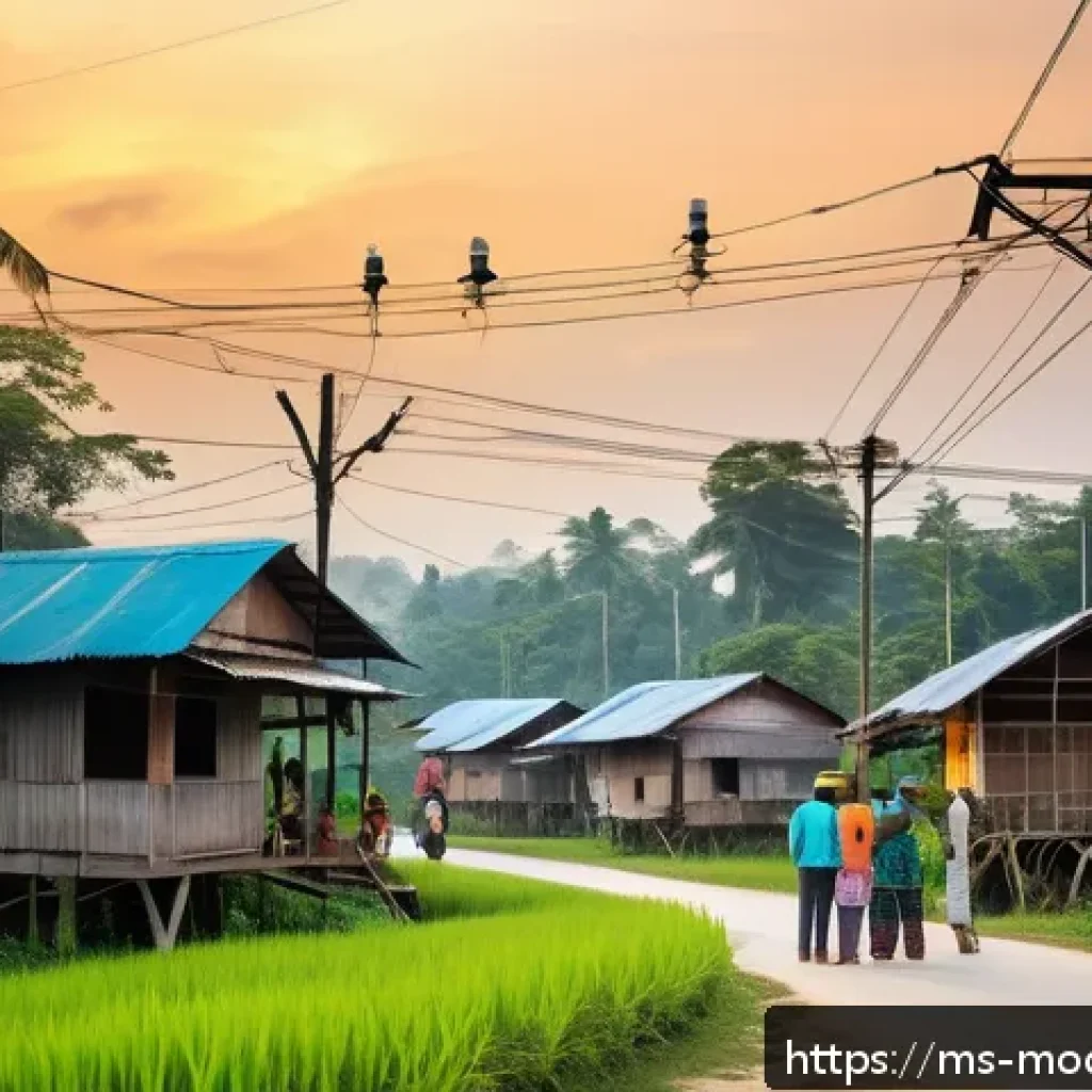 기술의 발전과 사회적 불평등 해결하기 - A vibrant rural Malaysian village scene at dusk, showcasing villagers of various ages using smartpho...