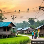 Home 18 기술의 발전과 사회적 불평등 해결하기 - A vibrant rural Malaysian village scene at dusk, showcasing villagers of various ages using smartpho...