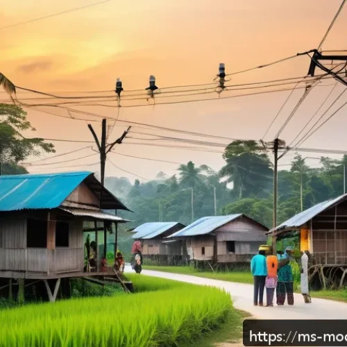 Home 30 기술의 발전과 사회적 불평등 해결하기 - A vibrant rural Malaysian village scene at dusk, showcasing villagers of various ages using smartpho...