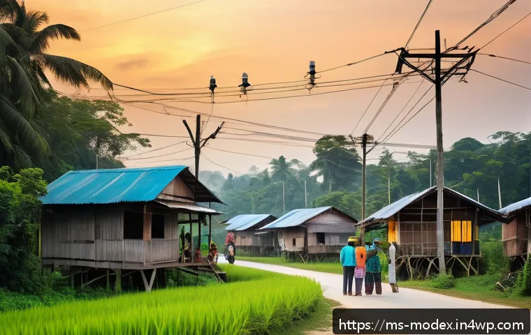 기술의 발전과 사회적 불평등 해결하기 - A vibrant rural Malaysian village scene at dusk, showcasing villagers of various ages using smartpho...