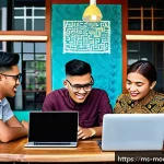 Home 23 기술 발전이 인간 윤리에 미치는 영향 - A diverse group of Malaysian young adults engaging in a respectful online discussion on laptops and ...