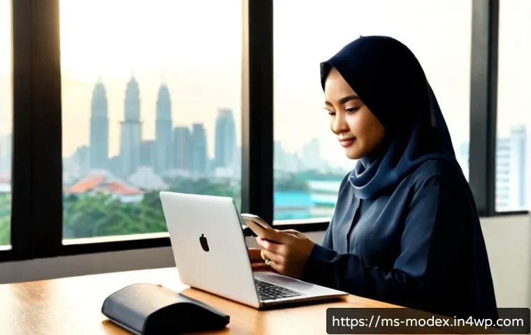 Home 17 디지털 기술과 윤리 새로운 과제 - Photorealistic ethical technology scene in a modern Malaysian home office, a Malay woman in modest p...